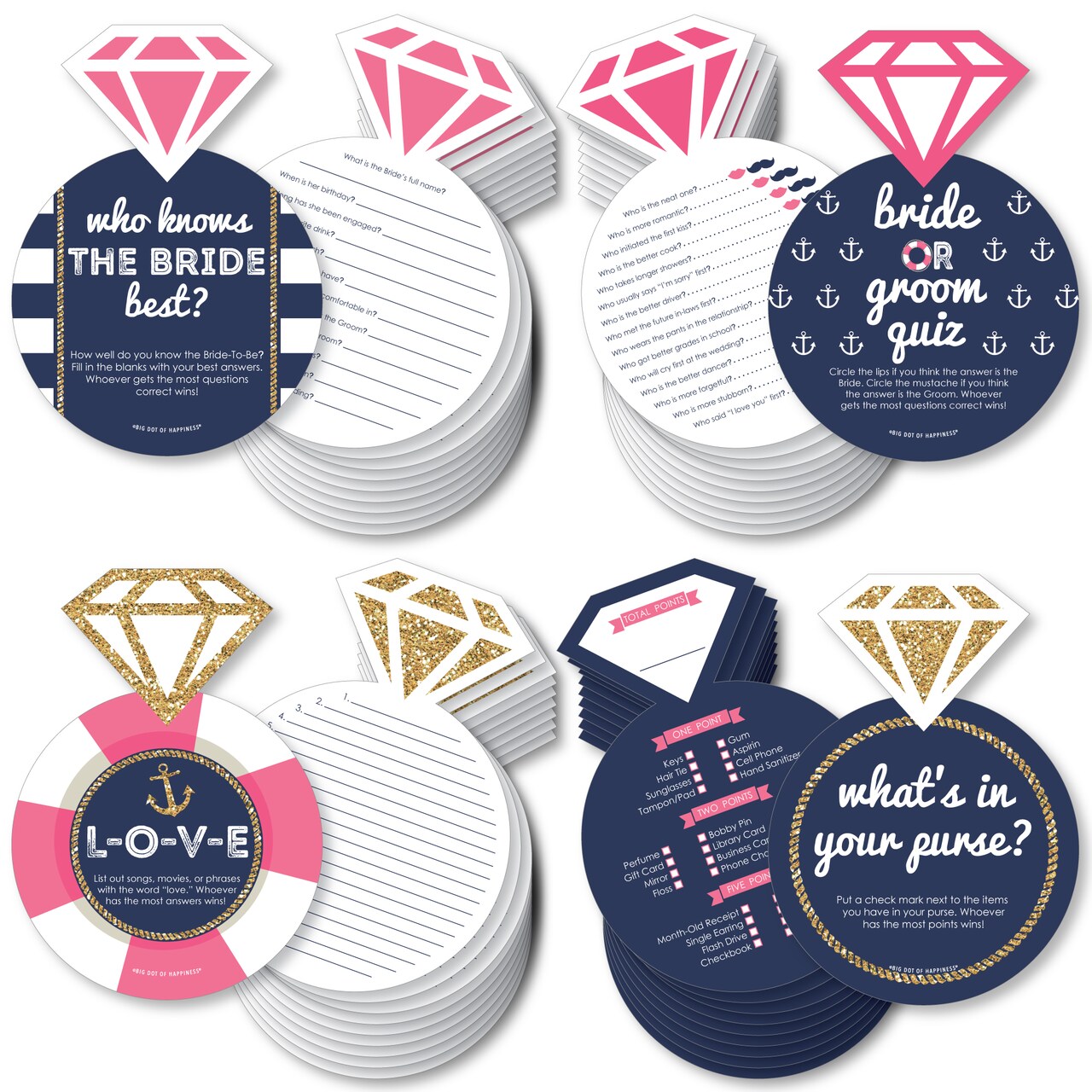 Big Dot of Happiness Last Sail Before The Veil - 4 Nautical Bridal Shower Games - 10 Cards Each - Gamerific Bundle